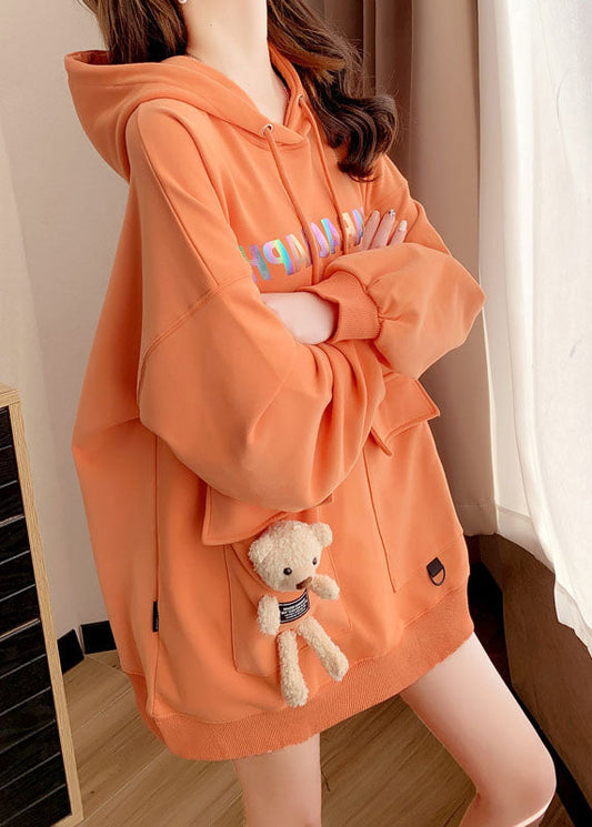 Novelty Orange Drawstring Pockets Patchwork Little Bear Hooded Pullover Long Sleeve Ada Fashion