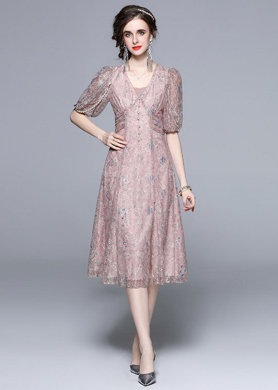 Novelty Pink Embroideried Sequins Patchwork Tulle Dress Puff Sleeve LY7416 - fabuloryshop