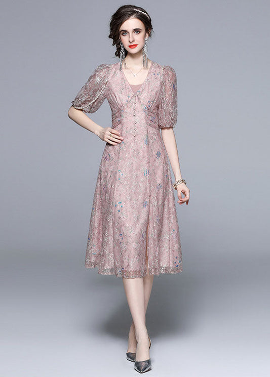 Novelty Pink Embroideried Sequins Patchwork Tulle Dress Puff Sleeve LY7416 - fabuloryshop