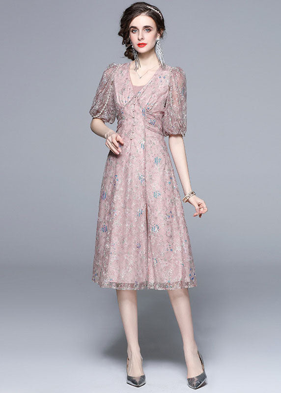 Novelty Pink Embroideried Sequins Patchwork Tulle Dress Puff Sleeve LY7416 - fabuloryshop