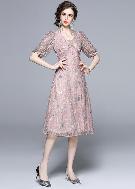 Novelty Pink Embroideried Sequins Patchwork Tulle Dress Puff Sleeve LY7416 - fabuloryshop