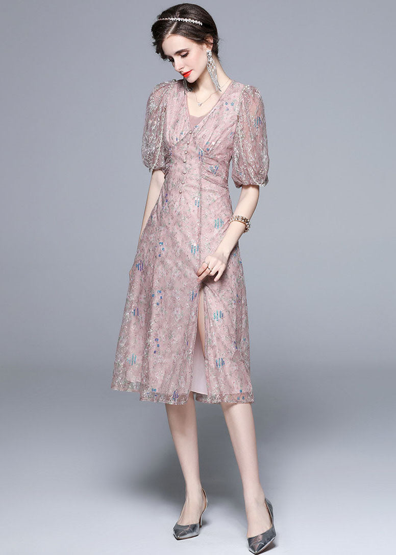 Novelty Pink Embroideried Sequins Patchwork Tulle Dress Puff Sleeve LY7416 - fabuloryshop