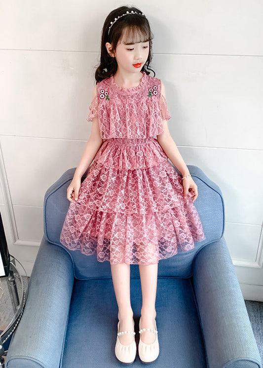 Novelty Pink O-Neck Ruffled Patchwork Floral Girls Long Dresses Short Sleeve LY6428 - fabuloryshop