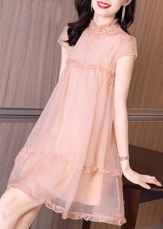 Novelty Pink Ruffled Patchwork Nail bead Tulle Mid Dress Summer TI1037 - fabuloryshop