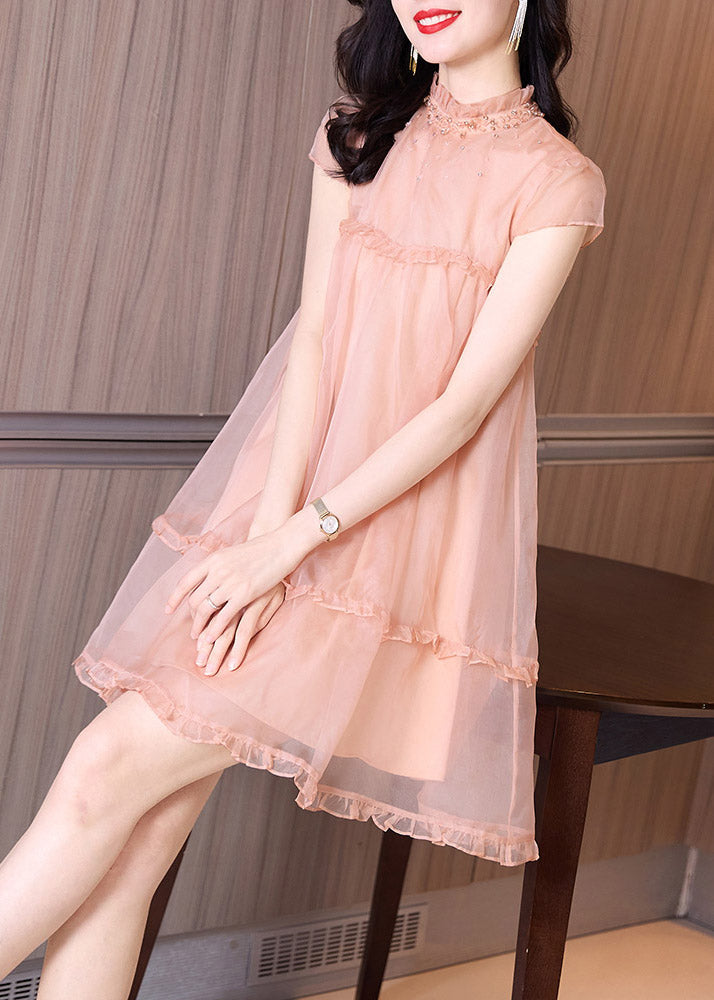 Novelty Pink Ruffled Patchwork Nail bead Tulle Mid Dress Summer TI1037 - fabuloryshop