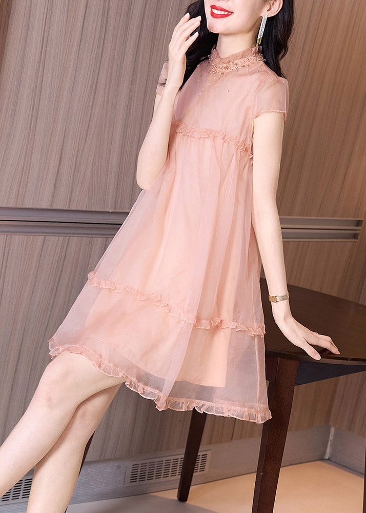 Novelty Pink Ruffled Patchwork Nail bead Tulle Mid Dress Summer LY4460 - fabuloryshop