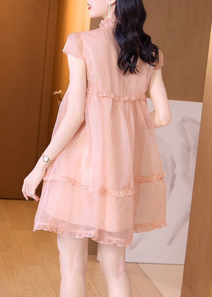 Novelty Pink Ruffled Patchwork Nail bead Tulle Mid Dress Summer TI1037 - fabuloryshop