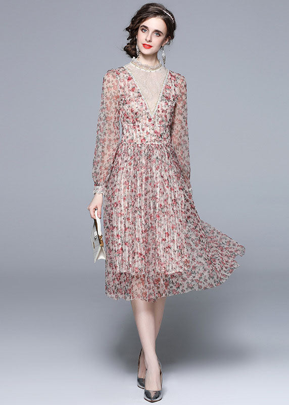 Novelty Pink Ruffled Print Patchwork Tulle Dresses Fall LY7397 - fabuloryshop