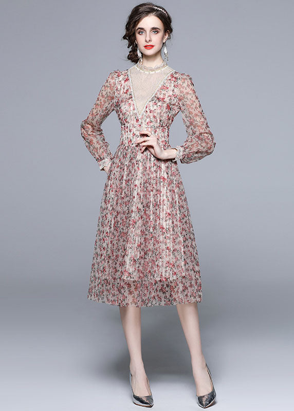 Novelty Pink Ruffled Print Patchwork Tulle Dresses Fall LY7397 - fabuloryshop
