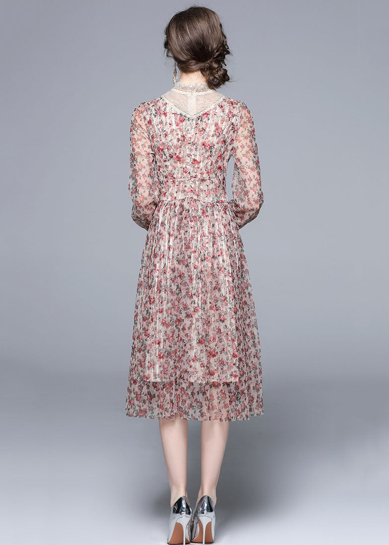 Novelty Pink Ruffled Print Patchwork Tulle Dresses Fall LY7397 - fabuloryshop