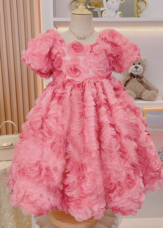 Novelty Pink Square Collar Floral Patchwork Tulle Girls Long Dress Short Sleeve Ada Fashion