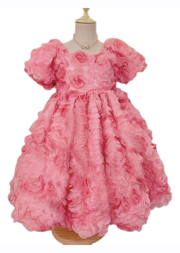 Novelty Pink Square Collar Floral Patchwork Tulle Girls Long Dress Short Sleeve Ada Fashion