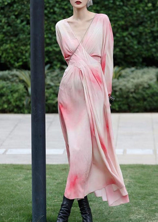 Novelty Pink V Neck Print Chiffon Long Dresses Spring LY2716 - fabuloryshop