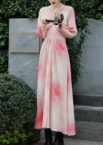 Novelty Pink V Neck Print Chiffon Long Dresses Spring LY2716 - fabuloryshop