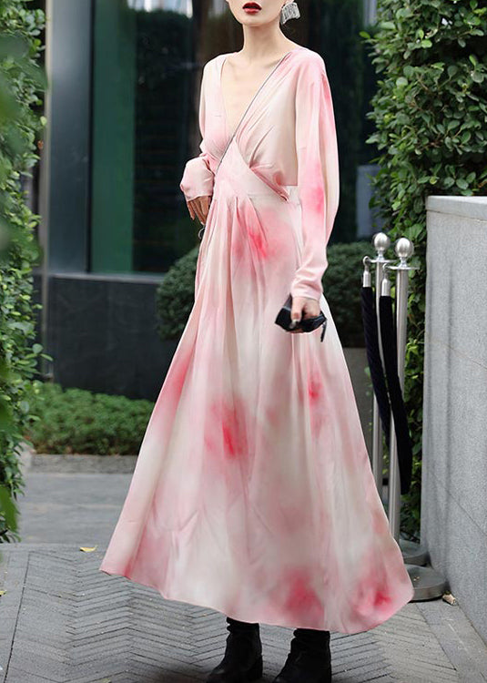 Novelty Pink V Neck Print Chiffon Long Dresses Spring LY2716 - fabuloryshop