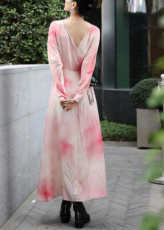 Novelty Pink V Neck Print Chiffon Long Dresses Spring LY2716 - fabuloryshop