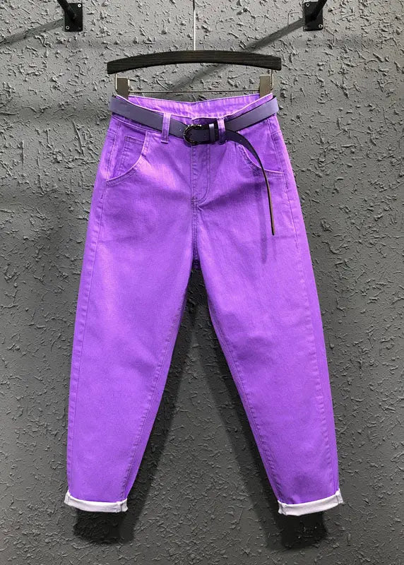 Novelty Purple Pockets Patchwork Sashes Crop Pants Fall Ada Fashion