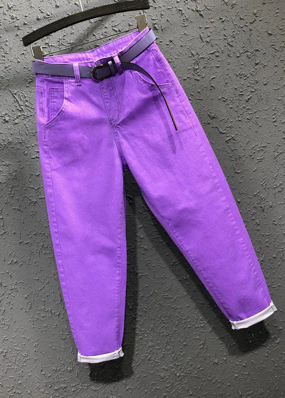 Novelty Purple Pockets Patchwork Sashes Crop Pants Fall Ada Fashion