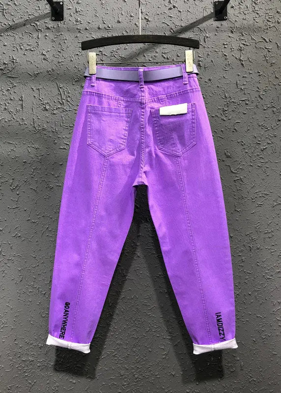 Novelty Purple Pockets Patchwork Sashes Crop Pants Fall Ada Fashion