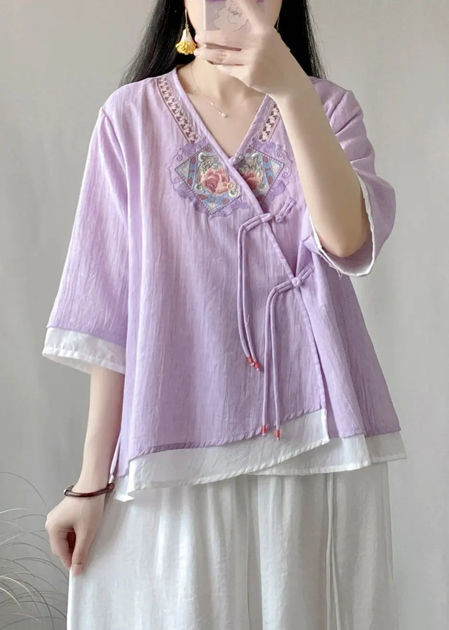 Novelty Purple V Neck Embroideried Patchwork Button Top Long Sleeve Ada Fashion