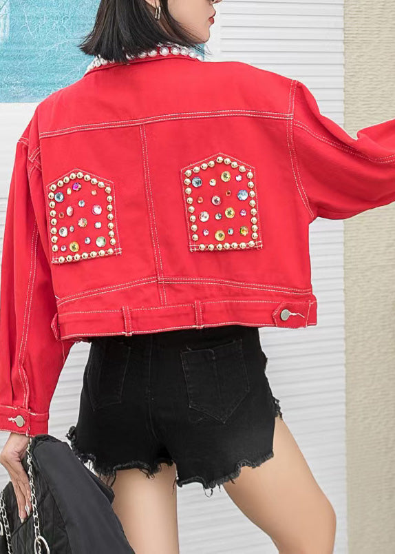 Novelty Red Peter Pan Collar Nail Bead Button Denim Coats Long Sleeve LY6010 - fabuloryshop