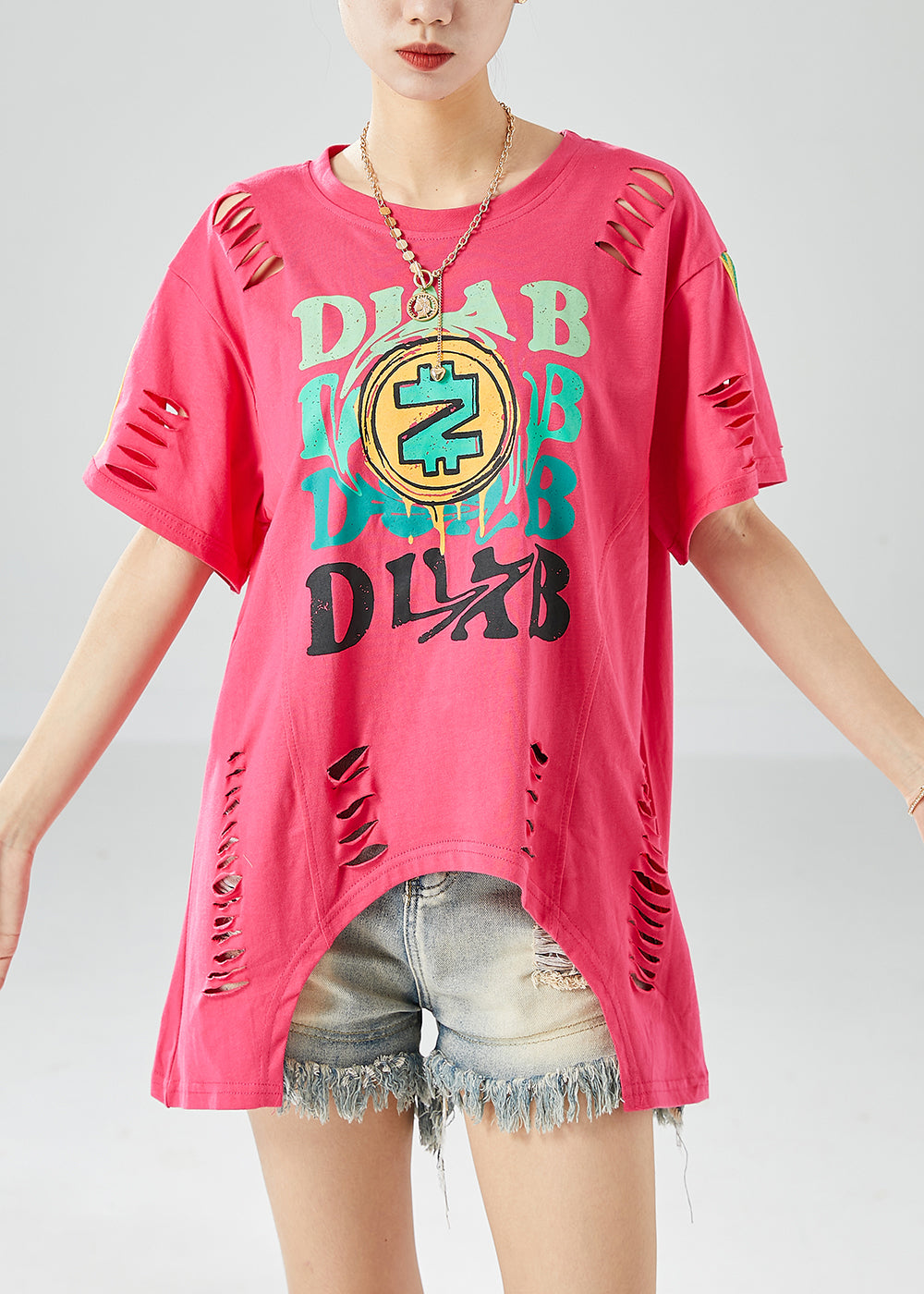 Novelty Rose Hollow Out Print Cotton Ripped Tops Summer LY6106 - fabuloryshop