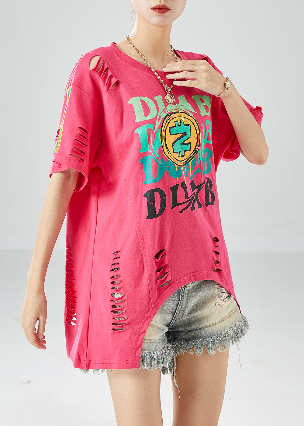 Novelty Rose Hollow Out Print Cotton Ripped Tops Summer LY6106 - fabuloryshop