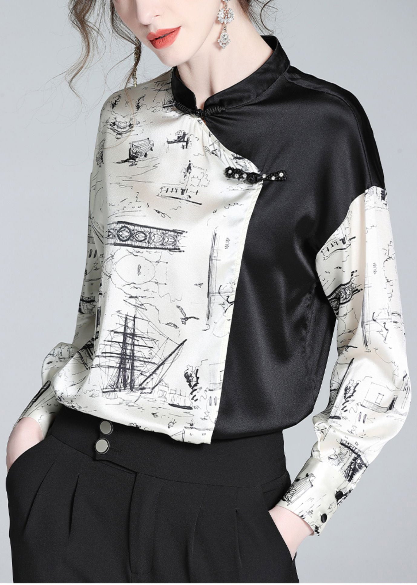 Novelty White Patchwork Black Stand Collar Button Silk Shirts Long Sleeve AC3027