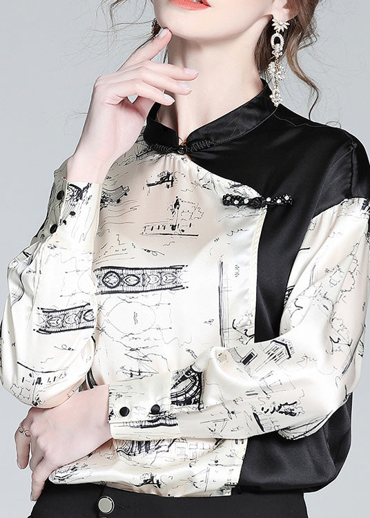 Novelty White Patchwork Black Stand Collar Button Silk Shirts Long Sleeve LY0721 - fabuloryshop