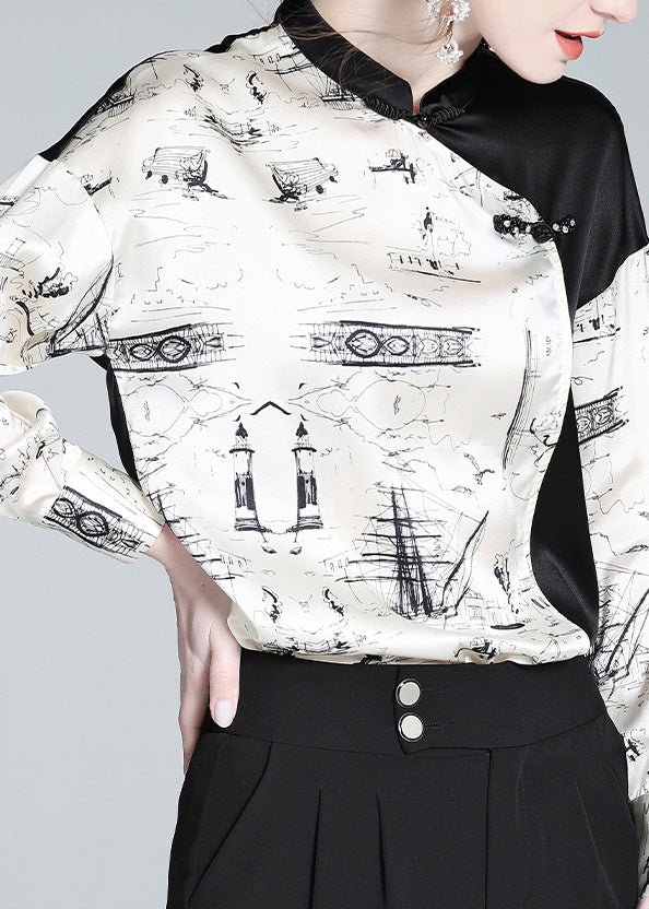 Novelty White Patchwork Black Stand Collar Button Silk Shirts Long Sleeve LY0721 - fabuloryshop