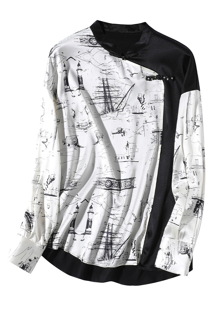 Novelty White Patchwork Black Stand Collar Button Silk Shirts Long Sleeve LY0721 - fabuloryshop