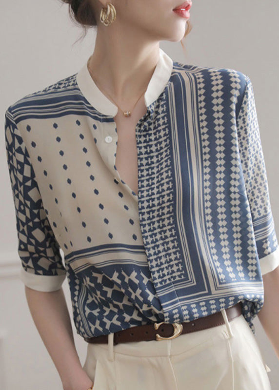 Novelty White Stand Collar Striped Print Button Chiffon Shirt Summer LY0406 - fabuloryshop