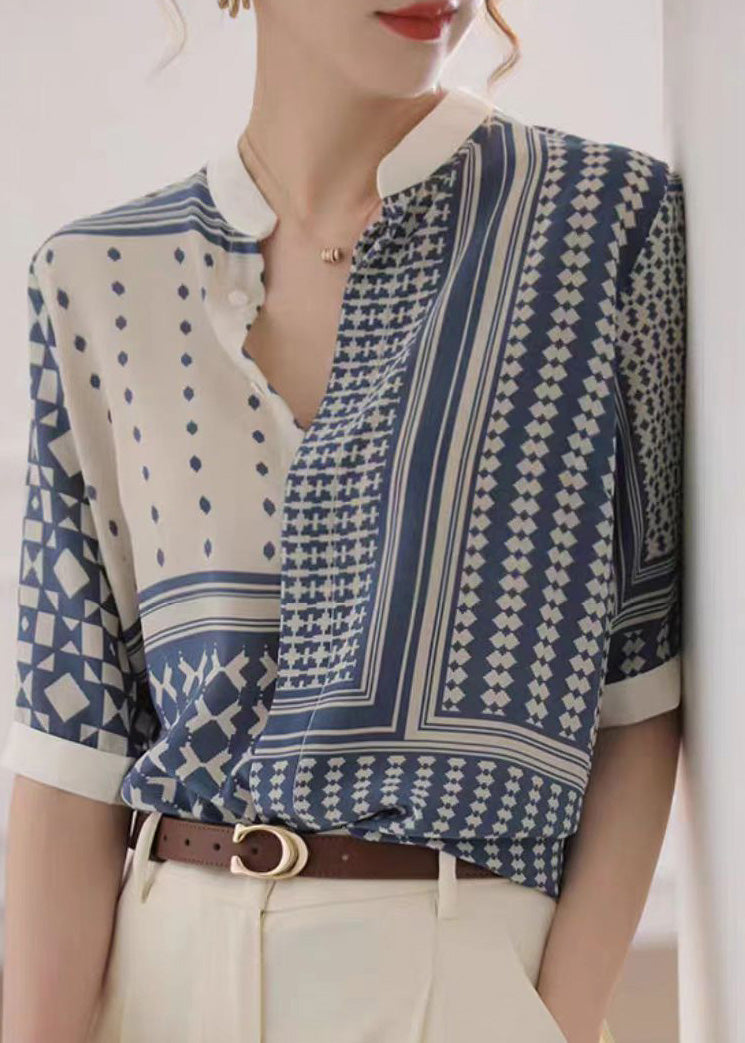 Novelty White Stand Collar Striped Print Button Chiffon Shirt Summer LY0406 - fabuloryshop