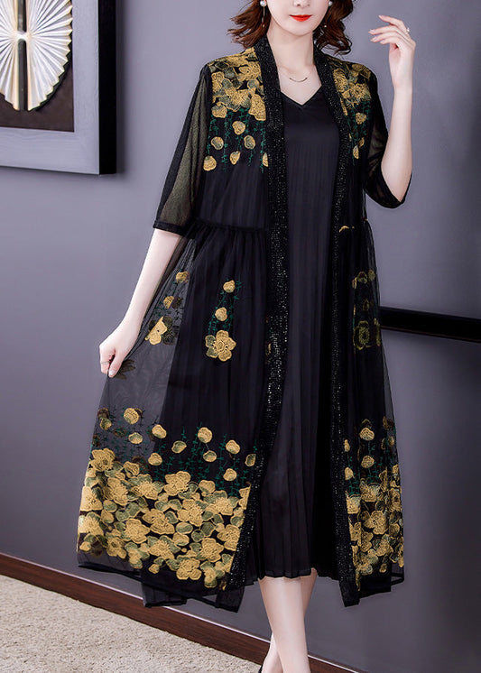 Novelty Yellow Embroideried Floral Tulle Maxi Sunscreen Cardigan Short Sleeve Ada Fashion
