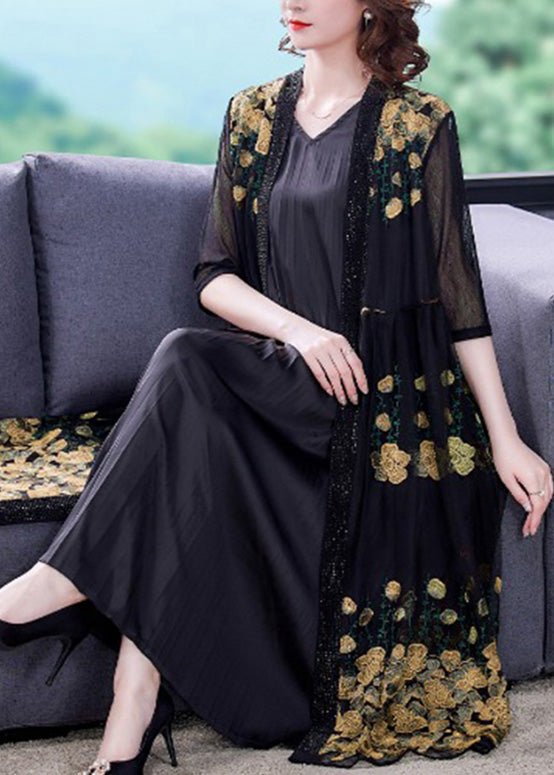 Novelty Yellow Embroideried Floral Tulle Maxi Sunscreen Cardigan Short Sleeve Ada Fashion