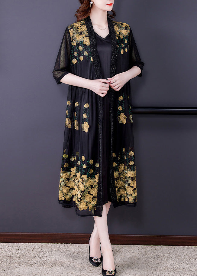 Novelty Yellow Embroideried Floral Tulle Maxi Sunscreen Cardigan Short Sleeve Ada Fashion