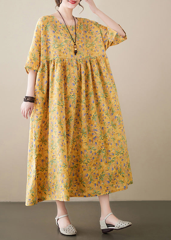 Novelty Yellow O-Neck Print Patchwork Cozy Cotton Maxi Dress Summer LY6076 - fabuloryshop