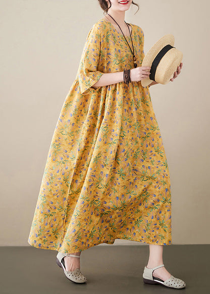 Novelty Yellow O-Neck Print Patchwork Cozy Cotton Maxi Dress Summer LY6076 - fabuloryshop