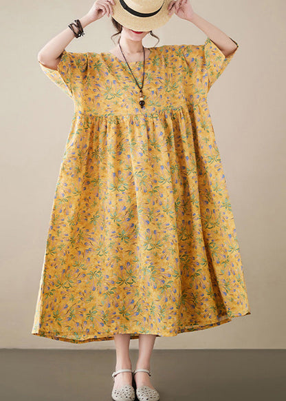 Novelty Yellow O-Neck Print Patchwork Cozy Cotton Maxi Dress Summer LY6076 - fabuloryshop