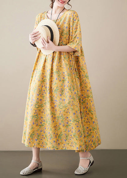 Novelty Yellow O-Neck Print Patchwork Cozy Cotton Maxi Dress Summer LY6076 - fabuloryshop