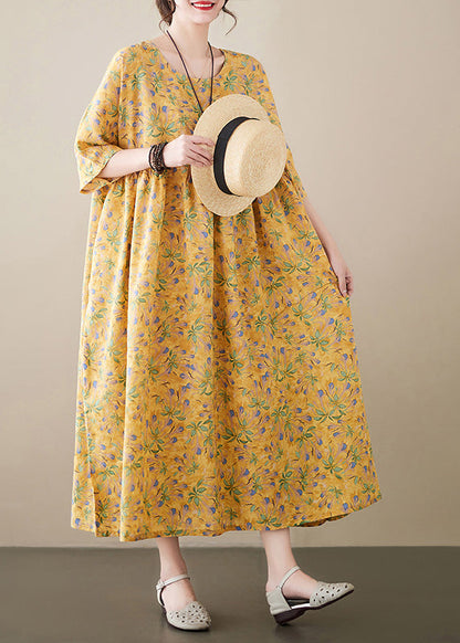 Novelty Yellow O-Neck Print Patchwork Cozy Cotton Maxi Dress Summer LY6076 - fabuloryshop