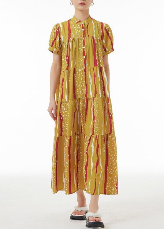 Novelty Yellow Print Patchwork Button Maxi Dresses Summer LY1090 - fabuloryshop