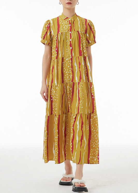 Novelty Yellow Print Patchwork Button Maxi Dresses Summer LY1174 - fabuloryshop