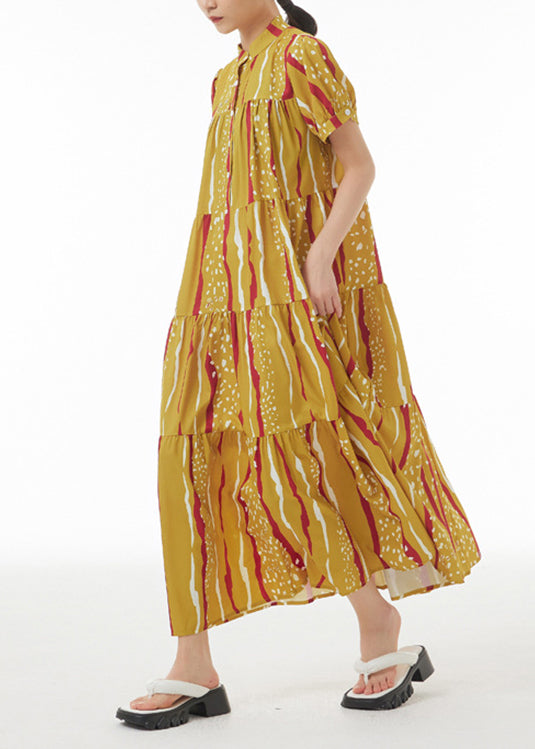 Novelty Yellow Print Patchwork Button Maxi Dresses Summer LY1090 - fabuloryshop