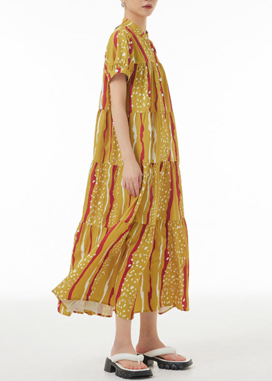 Novelty Yellow Print Patchwork Button Maxi Dresses Summer LY1090 - fabuloryshop