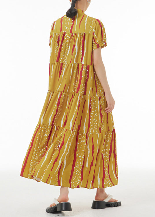 Novelty Yellow Print Patchwork Button Maxi Dresses Summer LY1090 - fabuloryshop