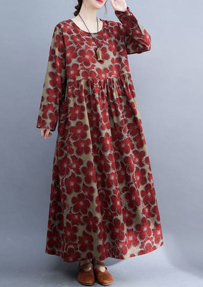 Loose Cotton and Linen Floral Print Dress Long Sleeve LY3977 - fabuloryshop