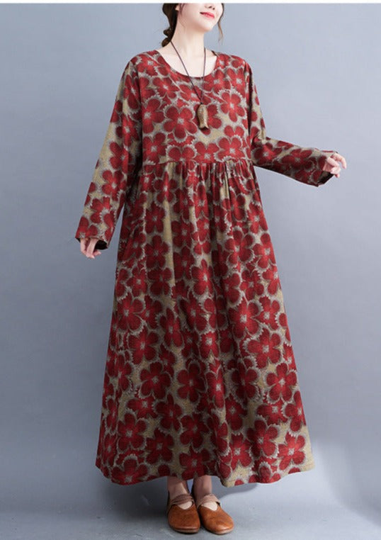 Loose Cotton and Linen Floral Print Dress Long Sleeve LY3977 - fabuloryshop