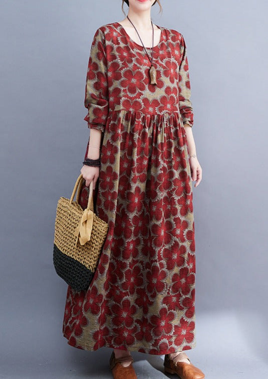 Loose Cotton and Linen Floral Print Dress Long Sleeve LY3977 - fabuloryshop