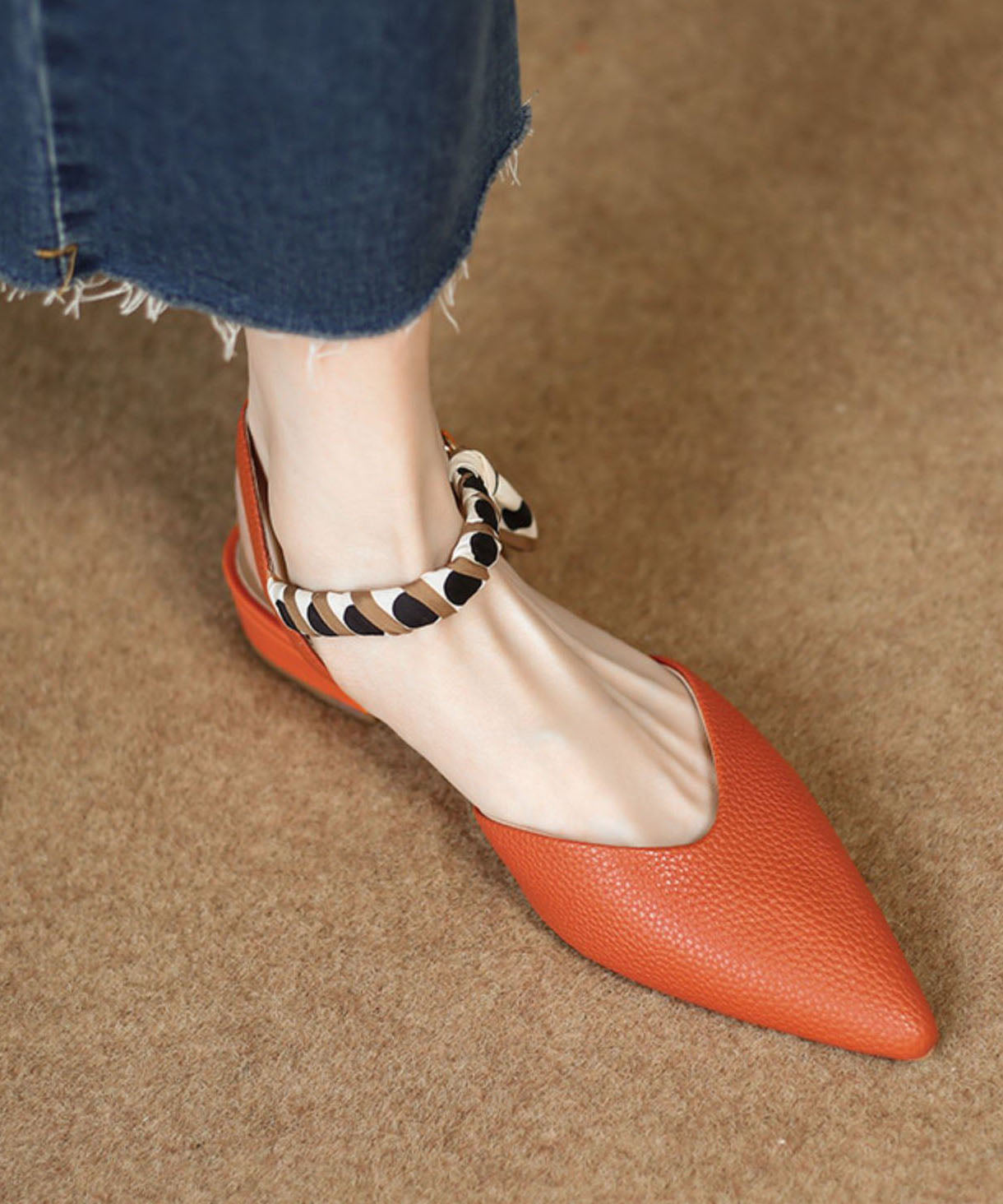 Orange Best Sandals For Walking Buckle Strap Splicing Chunky Pointed Toe Ada Fashion